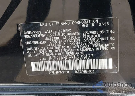 2019 Subaru Crosstrek 2.0I Limited z USA, uszkodzony, nr VIN JF2GTANC6KH228427